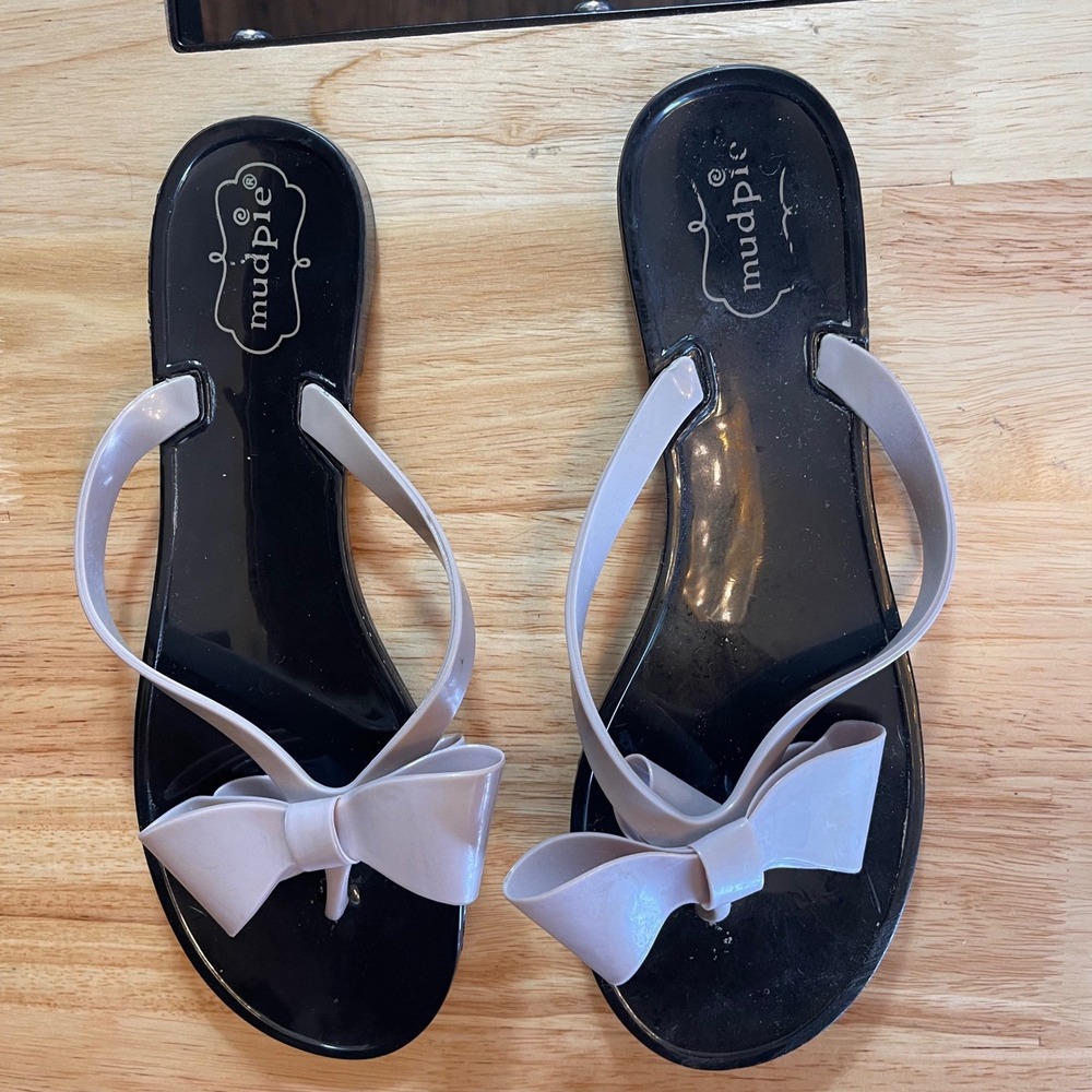 Mud Pie Womens Jelly Flip Flop Sandals Black Lavender Bow Detail Size 40